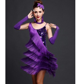 Purple violet sequins paillette fringes tassels women's ladies female performance competition latin salsa cha cha dance dresses